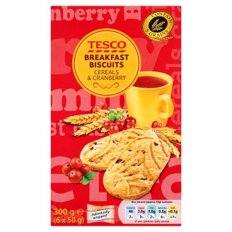 Tesco Wieloziarniste herbatniki zbożowe z suszoną żurawiną z dodatkiem witamin i minerałów 300 g